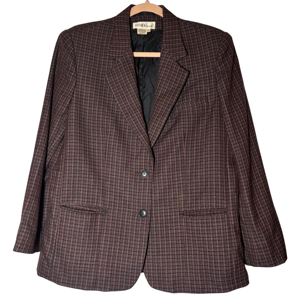 Belier Roche Vintage Blazer Womens Brown Good Worsted Wool Plaid Jacket Size 14
